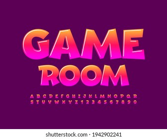 Sala de juegos con emblema brillante vectorial. Juego de letras y números de alfabeto con degradado de tipos de letra brillante creativo