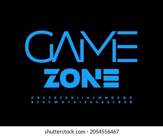 Vector bright Emblem Game Zone. Trendy Blue Font. Creative Alphabet Letters and Numbers set