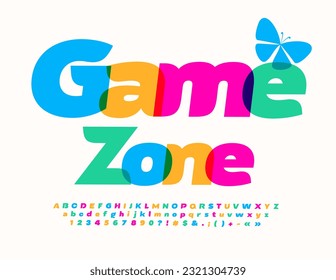 Vector bright emblem Game Zone with decorative Butterfly. Colorful trendy Font. Funny Alphabet Letters, Numbers an Symbols set