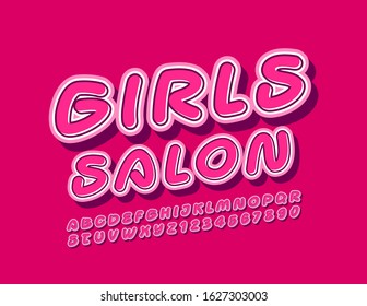 Salón de Emblem Girl con luz vectorial. Fuente creativa moderna. Letras y números de alfabeto manuscritos rosados.