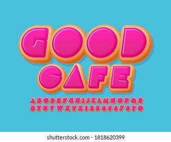 Vector bright emblem Good Cafe. Creative tasty Font. Sweet Donut Alphabet Letters and Numbers set
