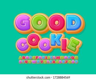 Vector bright emblem Good Cookie with sweet Donut Font. Colorful Alphabet Letters and Numbers