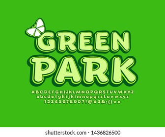 Vector brillante Parque Verde Emblem. Colorido y elegante Font. Letras y números de alfabeto creativos
