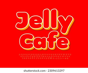 Vector bright emblem Jelly Cafe with creative 3D Font. Modern Red Alphabet Letters and Numbers set