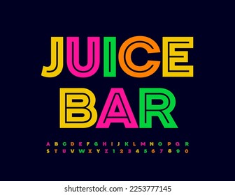 Vector bright emblem Juice Bar. Trendy creative Font. Colorful set of Alphabet Letters and Numbers