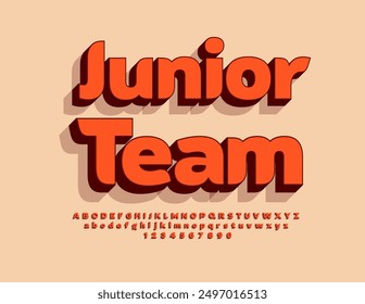 Vector bright emblem Junior Team. Modern Bright 3D Font. Creative Alphabet Letters and Numbers set