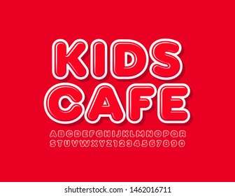 Vector bright emblem Kids Cafe with Red Alphabet Letters and Numbers. Creative Uppercase Font