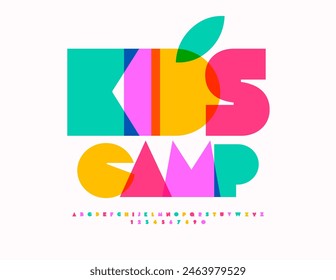 Vector bright emblem Kids Camp. Trendy Artistic Font. Cool Colorful set of Alphabet Letters and Numbers.