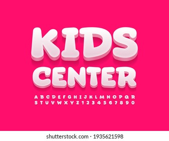 Vector bright Emblem Kids Center. Cute White 3D Font. Modern Alphabet Letters and Numbers.