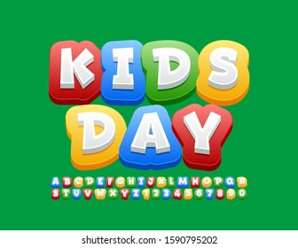Vector Bright Emblem Kids Day. Colorful Alphabet Letters and Numbers. Funny Children Font