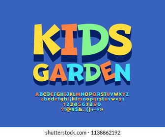 Vector Bright Emblem Kids Garden. Colourful Funny Font With Shadow. Playful Alphabet Letters, Numbers And Symbols For Children