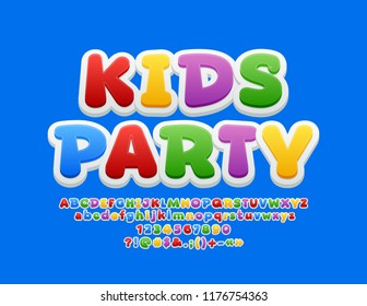 Vector Bright Emblem Kids Party. Colourful Funny Font. Playful Alphabet Letters, Numbers and Symbols for Children.