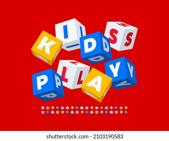 Vector Bright Emblem Kids Play With Toy Block Font. Cube Shape Alphabet Letters And Numbers Set