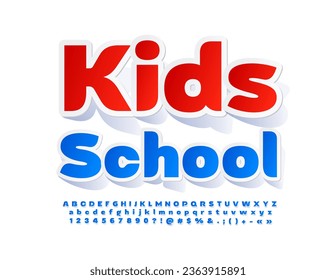 Vector bright emblem Kids School. Sticker style Font. Blue Alphabet Letters, Numbers and Symbols.