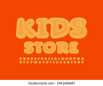 Vector bright emblem Kids Store. Comic style Font. Orange Jeans Alphabet Letters and Numbers set