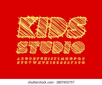 Vector bright emblem Kids Studio. Creative pencil Font. Sketch abstract Alphabet Letters and Numbers set