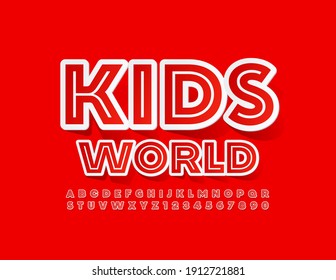 Símbolo vectorial brillante Kids World. Tipo de letra de pegatina roja. Conjunto moderno de letras y números alfabetos