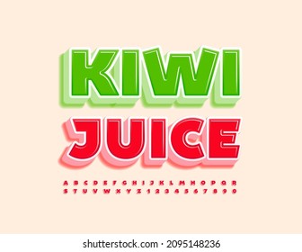 Vector brillante Jugo Emblem Kiwi.  Fuente 3D roja de moda. Letras y números de alfabeto creativos