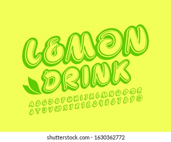 Vector bright emblem Lemon Juice with decorative leaves. Modern creative Font. Set of yellow Alphabet Letters and Numbers