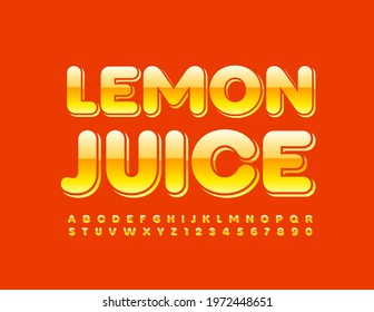 Vector bright emblem Lemon Juice. Yellow shiny Font. Layered Alphabet Letters and Numbers set