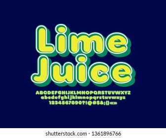 Emblema brillante vectorial Lime Juice. Colorido y elegante Font. Conjunto de letras, números y símbolos alfabéticos. 