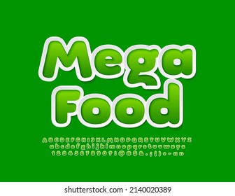 Vector brillante Emblem Mega Food. Tipo de letra de marcado. Letras y números de alfabeto creativos verdes