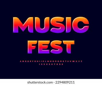 Vector Bright Emblem Music Fest. Colorful Glossy Font. Creative Artistic Alphabet Letters and Numbers set