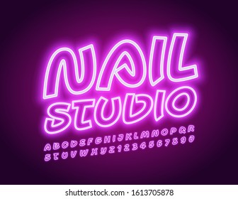 Vector bright Emblem Nail Studio. Glowing Handwritten Font. Neon Alphabet Letters and Numbers. 