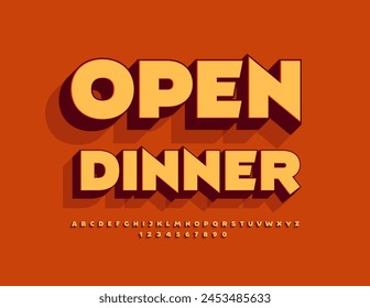 Vector bright emblem Open Diner. Modern Artistic Font. Unique 3D Alphabet Letters and Numbers