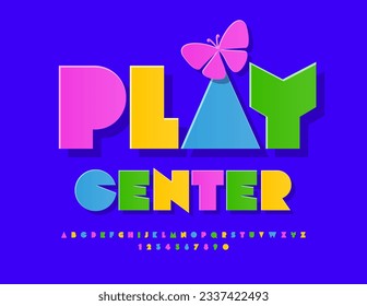 Centro de juegos de Emblem brillante vectorial con mariposa decorativa. Fuente creativa colorida. Estilo abstracto Alfabeto Letras y números establecidos