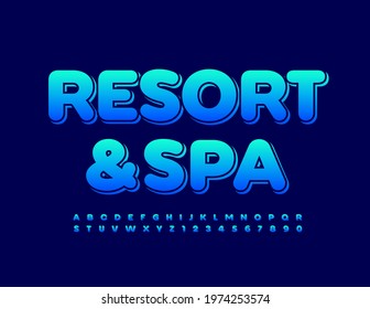Vector bright emblem Resort and Spa. Blue gradient Font. Glossy Alphabet Letters and Numbers set