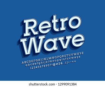 Vector bright Emblem Retro Wave. Stylish retro Font. Vintage 3D Alphabet Letters, Numbers and Symbols.