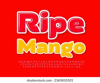Vector bright emblem Ripe Mango. Red glossy Font. Artistic set of Alphabet Letters and Numbers
