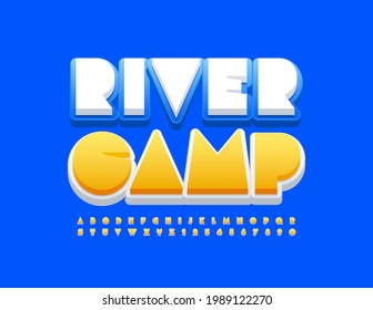 Vector bright emblem River Camp. Abstract style Alphabet Letters and Numbers set. Sunny Yellow Font