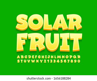 Vector bright emblem Solar Fruit with Yellow Alphabet Letters and Numbers. Playful funny Font