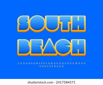 Vector bright emblem South Beach. Blue and Yellow Alphabet Letters and Numbers. Abstract style Font