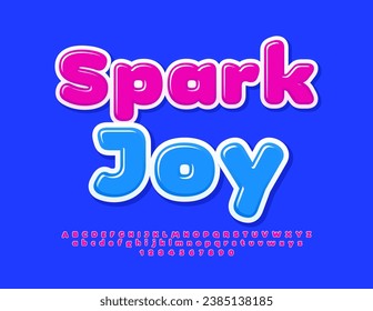 Vector bright Emblem Spark Joy. Bright Glossy Font. Modern creative Alphabet Letters, Numbers and Symbols set