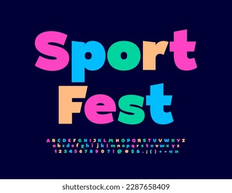 Estampilla brillante vectorial Sport Fest. Fuente abstracta colorida. Estilo artístico Alfabeto Letras y números establecidos