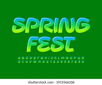 Festival de primavera de Emblem brillante vectorial. Tipo de letra brillante manuscrita. Letras y números de alfabeto de juego 