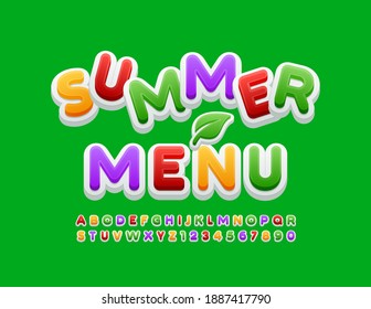 Vector bright emblem Summer Menu with decorative Leaf. Colorful Alphabet Letters and Numbers set. Creative modern Font