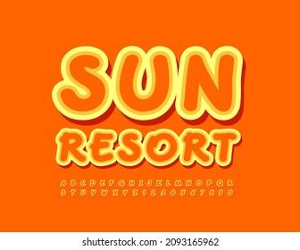 Vector bright Emblem Sun Resort. Modern Handwritten Font. Unique Alphabet Letters and Numbers