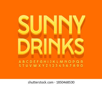 Emblema brillante vectorial Bebidas soleadas. Tipo de letra elegante amarillo. Juego de letras y números de alfabeto 3D modernos