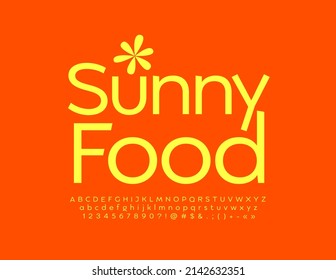 Vector bright Emblem Sunny Food. Bright Slim Font. Artistic Alphabet Letters and Numbers