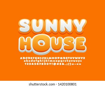 Vector emblema luminoso Sunny House con la moderna Font. Letras, números y símbolos de alfabeto amarillo y blanco