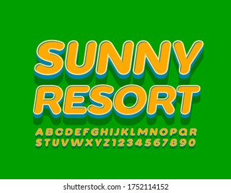 Vector brillante Emblem Sunny Resort. Fuente 3D moderna. Letras y números de alfabeto en mayúsculas y creativos
