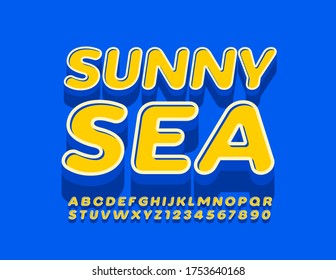 Vector bright emblem Sunny Sea with 3D Yellow Font. Retro Alphabet Letters and Numbers