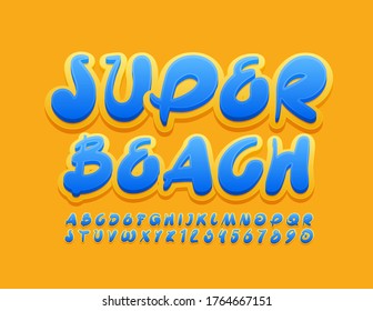 Vector bright Emblem Super Beach. Artistic Handwritten Font. Colorful Alphabet Letters and Numbers