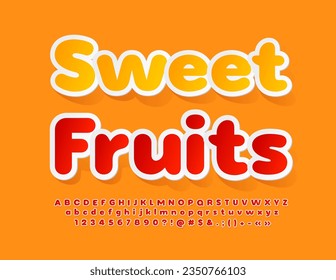 Vector bright Emblem Sweet Fruits. Red sticker Font. Modern Alphabet Letters, Numbers and Symbols set