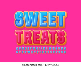 Vector bright emblem Sweet Treats with Blue Donut Font. Sweet Alphabet Letters and Numbers