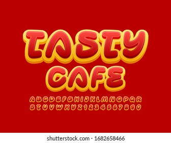Vector bright emblem Tasty Cafe. Creative Red and Yellow Font. Handwritten Alphabet Letters and Numbers